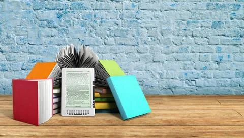 E-book reader Books and tablet breeck background 3d render Success knowlage c Stock Illustration