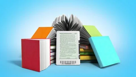 E-book reader Books and tablet 3d render image on gradient Stock Illustration