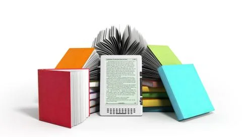 E-book reader Books and tablet 3d render image on white Stock Illustration