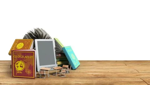E-book reader Books and tablet on white background 3d render Success knowlege Stock Illustration