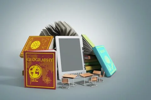 E-book reader Books and tablet on grey gradient 3d illustration Success knowl 스톡 일러스트