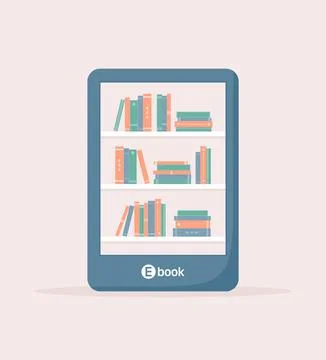 E-book reader with bookshelves on the screen. Flat vector illustration Stock Illustration