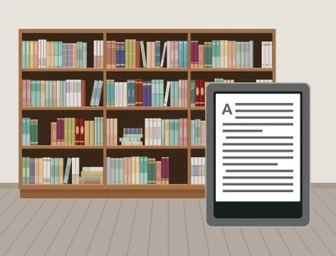 E-book reader device on bookshelves background. Stock Illustration