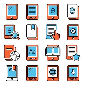 E-book Reader Icons Set on White Background. Vector 库存插图