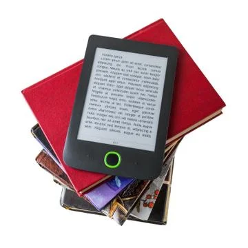 E-book reader on a stack of paper books isolated on white background. Stock Photos