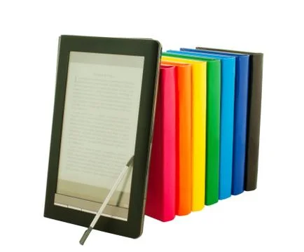 E-book reader with stack of printed books Stock Photos