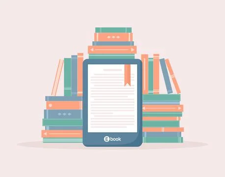 E-book reader surrounded by stacks of books, flat vector illustration Stock Illustration