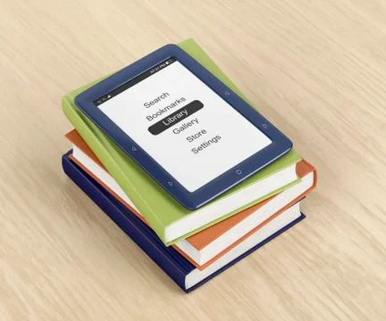 E-book reader on top of colorful books Stock Illustration