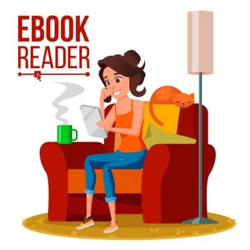 E-Book Reader Vector. Girl. Online Library. Using Ebook. Electronic Gadget イラスト素材