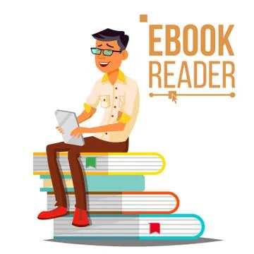 E-Book Reader Vector. Man. Contemporary Education. Stack Of Books. Traditional Illustrazione stock