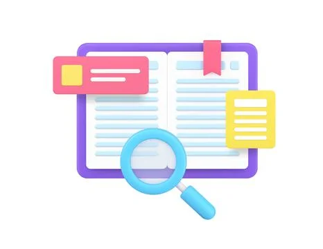 E book reading searching educational information bookmark magnifying glass 3d Illustrazione stock