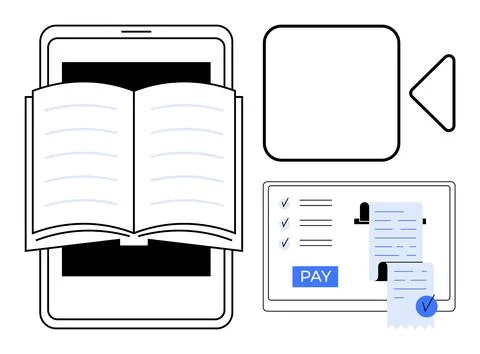 E-book reading on tablet, digital payment interface, and multimedia icons f.. Stock Illustration