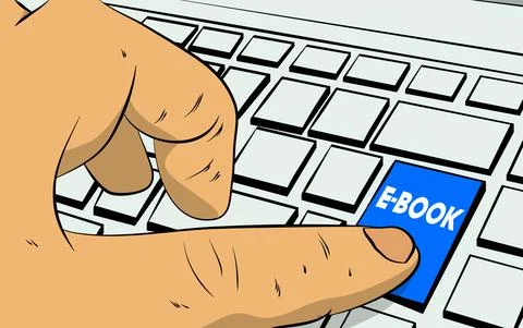 E-book text on computer keyboard. Man push keypad on laptop. Comic book style Illustrazione stock