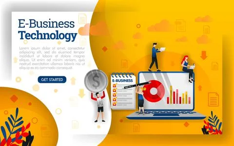 E-business with the latest technology, flat cartoon character team work in bu Illustrazione stock