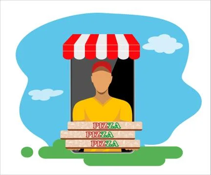 E-buy pizza using a smartphone. Free pizza delivery concept, Stock Illustration