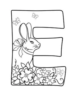 E. Capital letter E decorated with flowers, butterflies and a rabbit with a bow Stock Illustration
