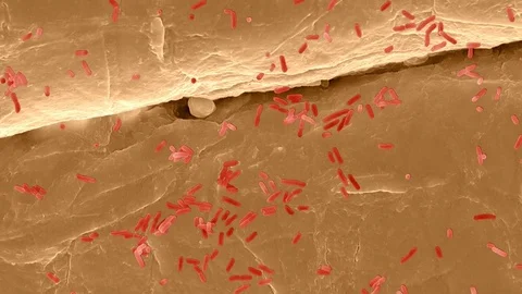 E coli on the human skin surface, SEM Stock Footage 79704927