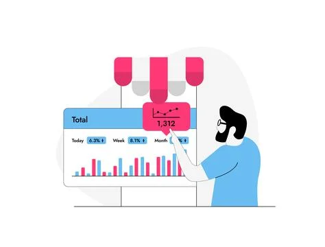 E-commerce analytics dashboard with key metrics, reports and KPIs for store Illustrazione stock