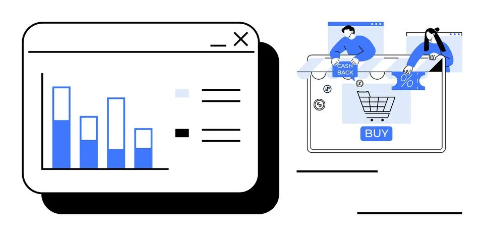 E-commerce Analytics Dashboard with Shopping Cart and Discount Elements Stock Illustration