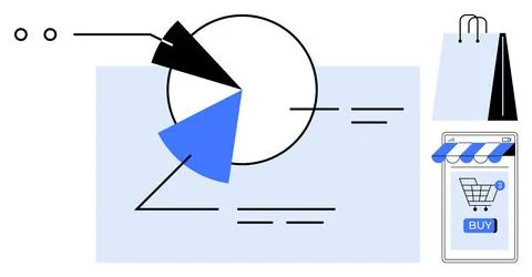 E-commerce Analytics with Shopping Cart and Pie Chart Visualization in Blue.. Stock Illustration