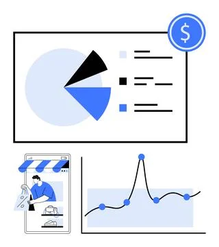 E-commerce Analytics Visualizing Sales Data Through Charts and Mobile Shoppin Stock Illustration