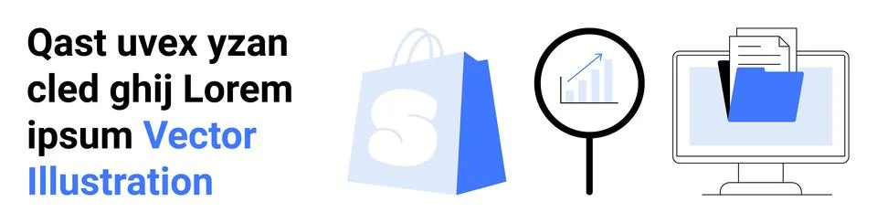E-commerce and Analytics Shopping Bag, Magnifying Glass, and Computer Folder Illustrazione stock