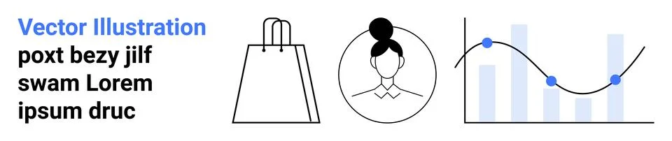 E-commerce and Business Analytics with Shopping Bag, Female Profile, and Gr.. Stock Illustration