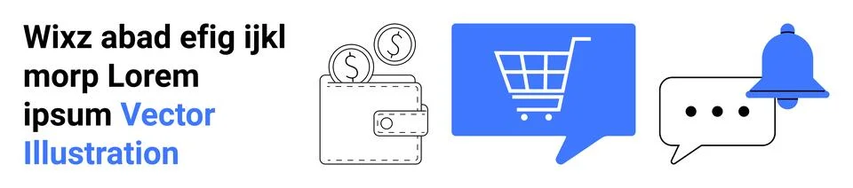 E-commerce and Communication Elements for Online Shopping and Notifications Illustrazione stock