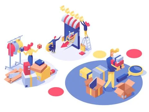 E-commerce and consumerism vector isometric illustration. Marketing research Stock Illustration