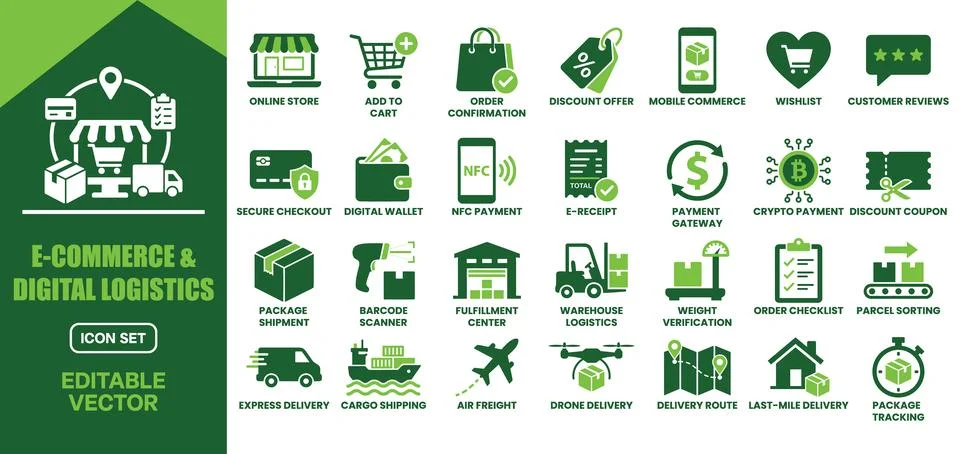E-commerce and digital logistics solid icon set. Featuring online store, de.. Stock-Illustration
