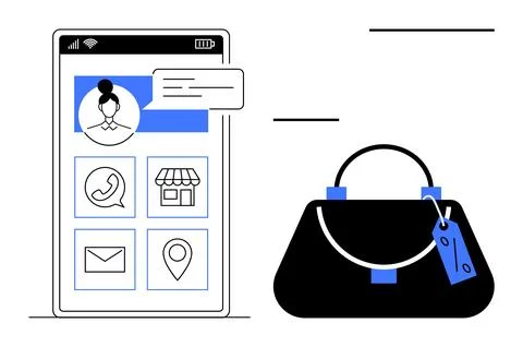 E-commerce and Digital Shopping Concept with Smartphone Interface and Handbag Stock Illustration