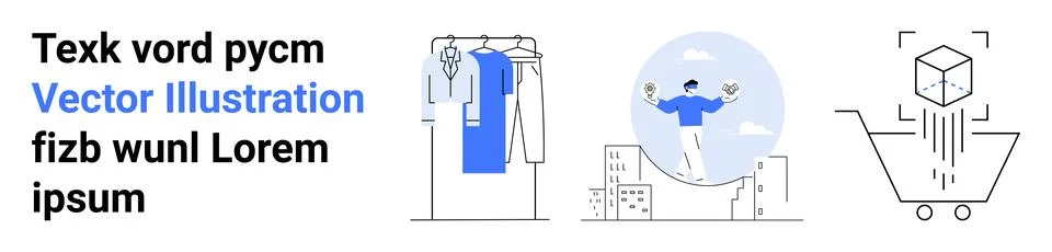 E-commerce and Digital Solutions with Person Meditating, Clothing Rack, and.. Illustrazione stock