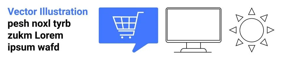 E-commerce and Digital Solutions Represented by Shopping Cart, Computer, an.. Illustrazione stock