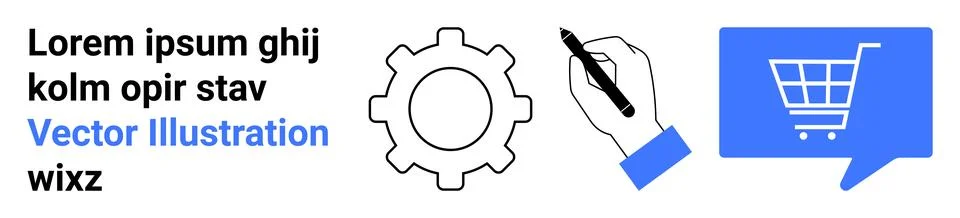 E-commerce and Digital Tools Concept with Gear, Shopping Cart, and Hand Writing Illustrazione stock