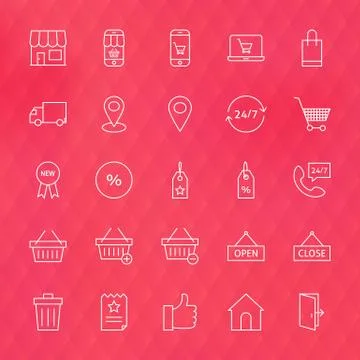 E-commerce and Finance Line Icons Set over Polygonal Blurred Background Stock Illustration
