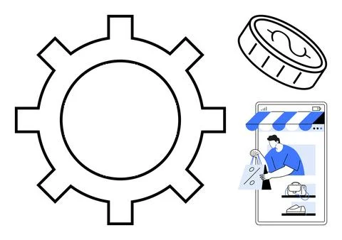 E-commerce and Financial Technology Gear, Coin, Online Shopping Conceptual .. Stock Illustration
