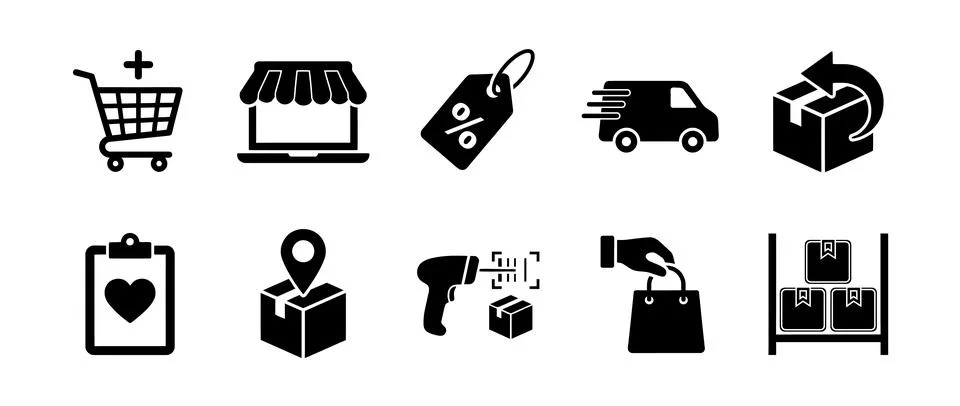 E-commerce and logistics solid icon set. Includes symbols for shopping cart.. Stock Illustration