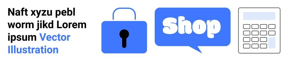 E-commerce and Security Elements Including Lock, Shop Text, and Calculator Stock Illustration