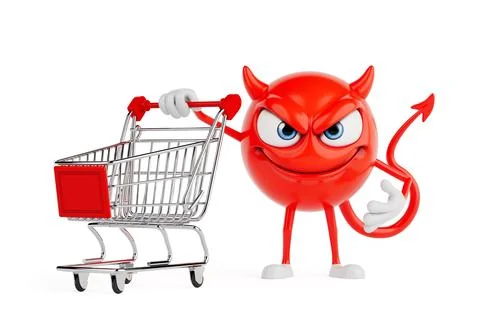 E-commerce And Shopping Concept. Red Devil Cartoon Character Pushing Empty .. Stock Illustration
