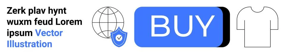 E-commerce and Shopping Elements with Buy Button, Globe, Shield, and T-shirt Stock Illustration