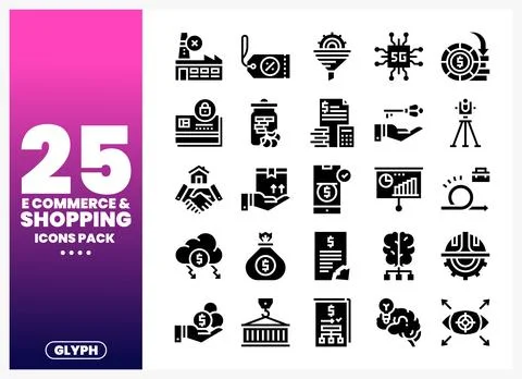 E-commerce and shopping glyph icons collection on white background Stock Illustration