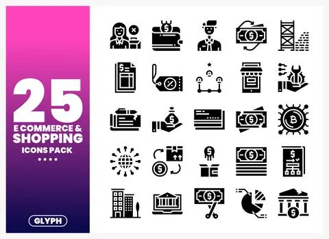 E-commerce and shopping glyph icons on white background with text. Stock Illustration