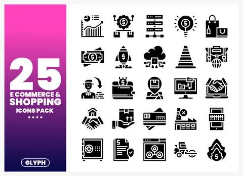 E-commerce and shopping glyph icons on white background with gradient Stock Illustration