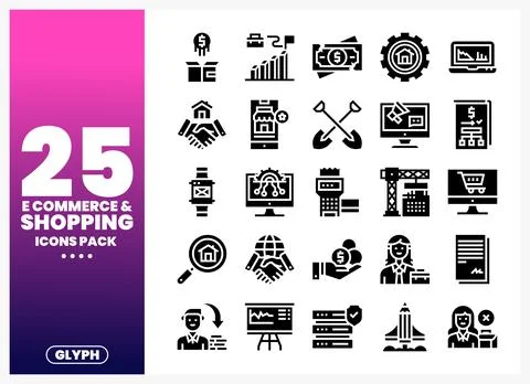 E-commerce and shopping icon pack with glyph illustrations for digital plat.. Stock Illustration