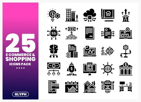 E-commerce and shopping icon pack with graphic elements in black glyph styl.. Illustrazione stock