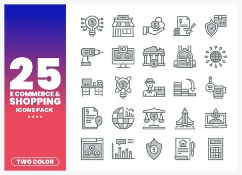 E-commerce and shopping icons presented in a two-color graphic Stock Illustration