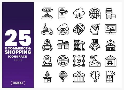 E-commerce and Shopping Line Icons on a White Background Stock Illustration