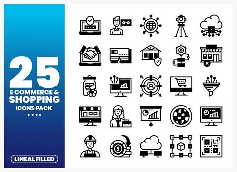 E-commerce and shopping lineal filled icons pack in black and white Stock Illustration