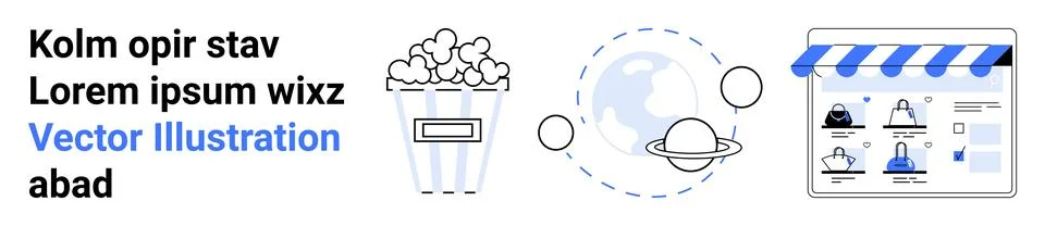 E-commerce and Space Exploration Concept with Popcorn, Planet, and Online Sto Stock Illustration