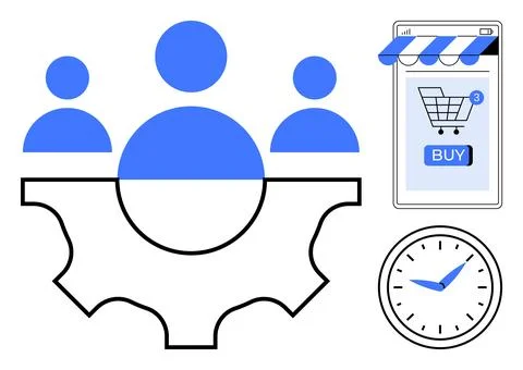 E-commerce and Teamwork Concept with Shopping Cart and Clock Illustrazione stock
